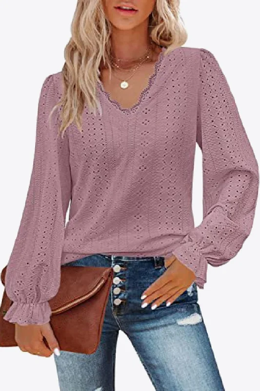 Deal Dash Eyelet V-Neck Flounce Sleeve Blouse