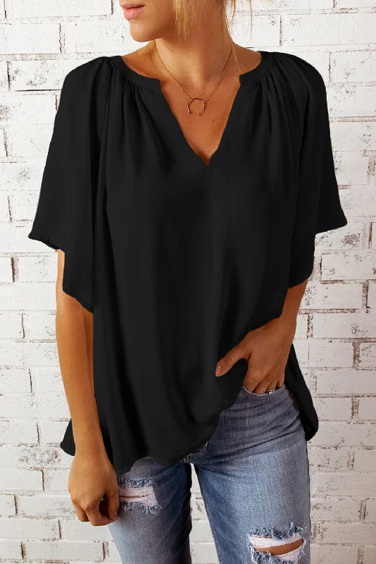 Closeout Gathered Detail Notched Neck Flutter Sleeve Top