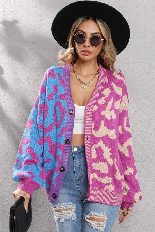 Major Savings Leopard Button Front Ribbed Trim Cardigan