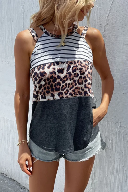 Great Deals Leopard Striped Color Block Cutout Tank