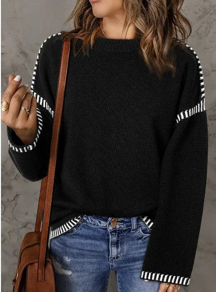 New Deals The Olivia Sweater in Black w/White Stitching Detail - #8384-8387