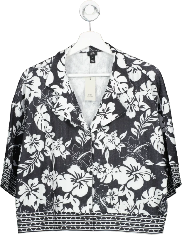 Shop and Save River Island Black Monochrome Flower Print Cropped Shirt UK 14