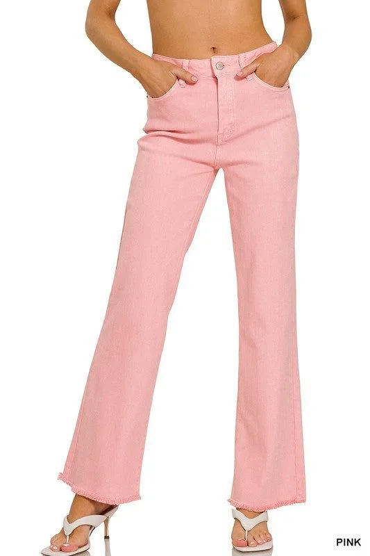 Exclusive Savings ZENANA Acid Washed Frayed Cutoff Hem Straight Wide Pants