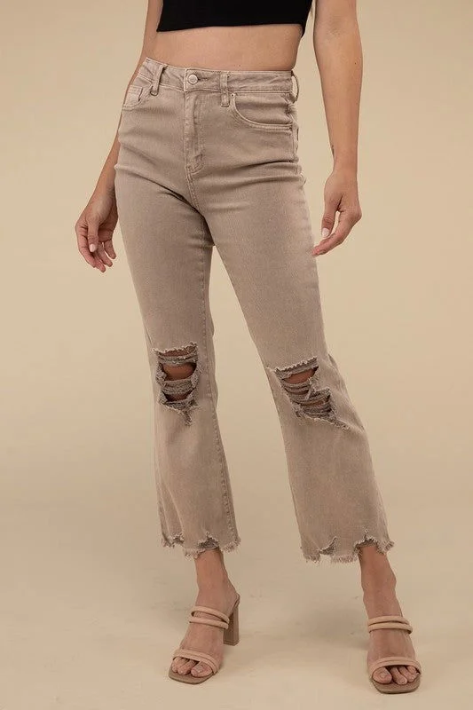 Price Rollback ZENANA Acid Washed High Waist Distressed Straight Pants