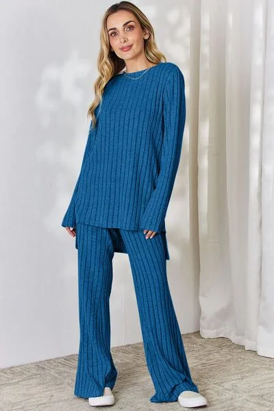 Major Savings Ribbed High-Low Top and Wide Leg Pants Set