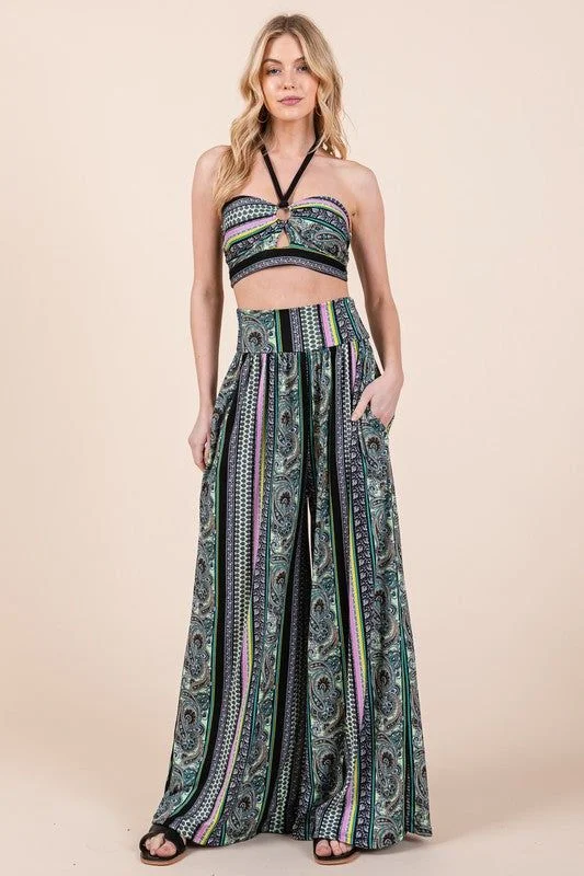 Price Blitz Boho. Print Wide Leg Pants with Pockets
