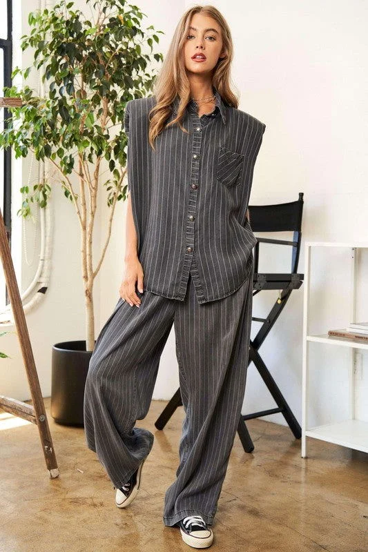 Huge Discounts Davi & Dani Stripe Button Down Shirt and Long Pants Set