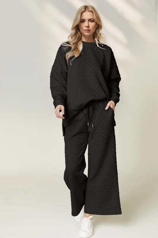 Fantastic Deals Double Take Checkered Slit High-Low Round Neck Top and Wide Leg Pants Set