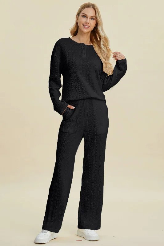 Flash Sale Double Take Full Size Cable-Knit Long Sleeve Top and Pants Set