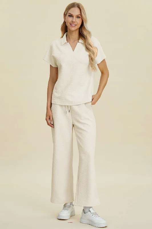 Holiday Sale Double Take Full Size Collared Neck Short Sleeve Top and Pants Set