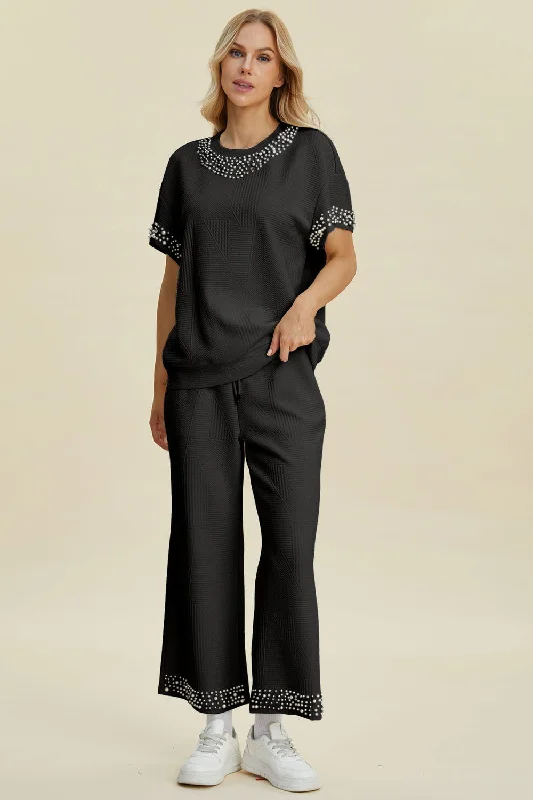 Early Bird Discount Double Take Full Size Pearl Detail Round Neck Top and Pants Set