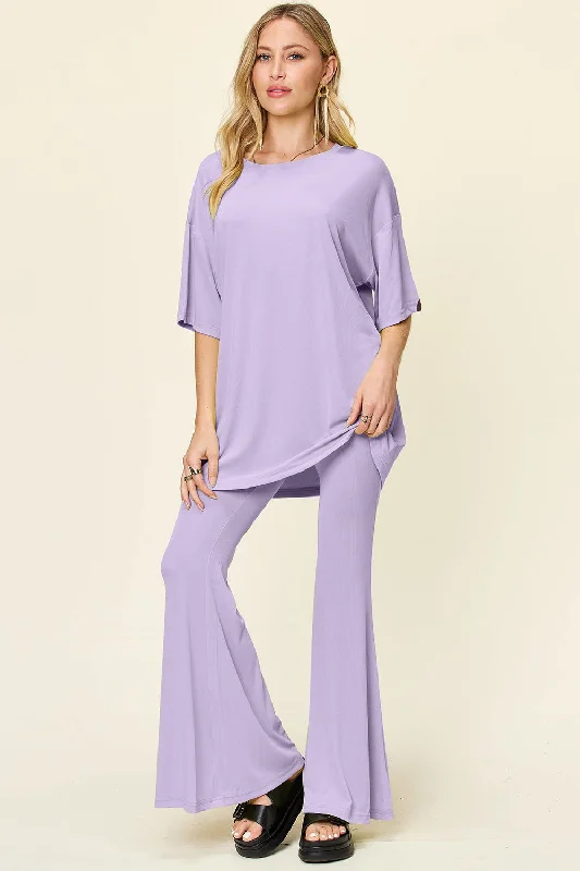 Crazy Savings Double Take Full Size Round Neck Drop Shoulder T-Shirt and Flare Pants Set