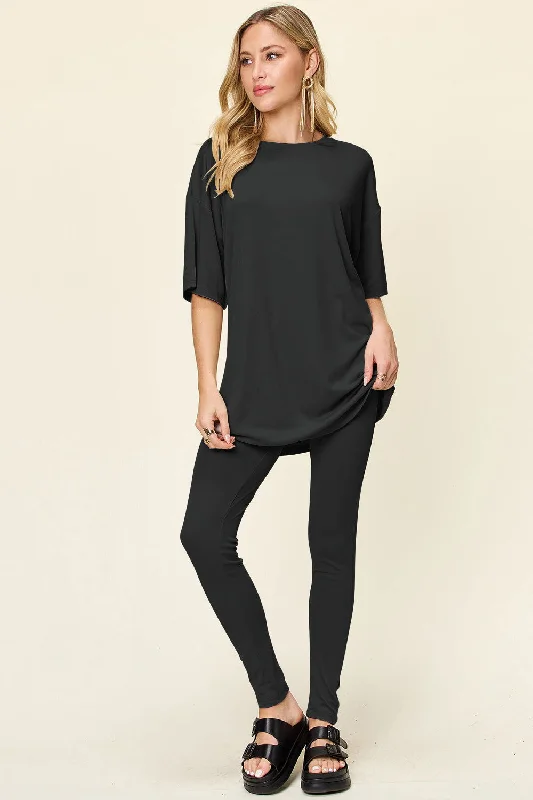 Discount Mania Double Take Full Size Round Neck Dropped Shoulder T-Shirt and Leggings Set