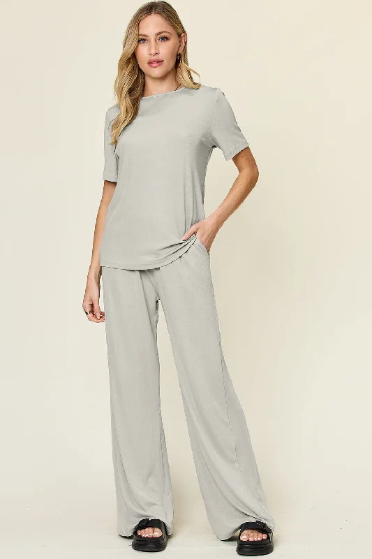 Buy Now Double Take Full Size Round Neck Short Sleeve T-Shirt and Wide Leg Pants Set
