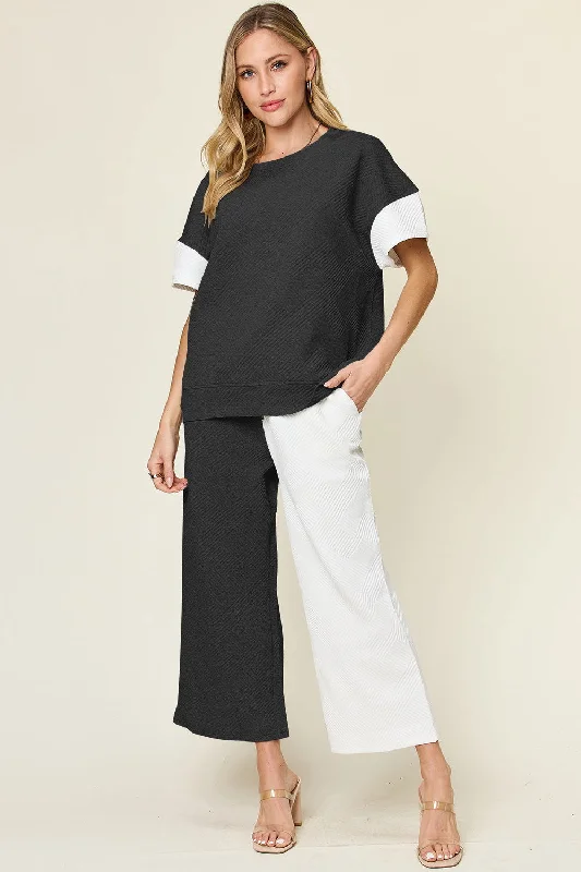 Limited Edition Double Take Full Size Texture Contrast T-Shirt and Wide Leg Pants Set
