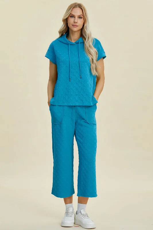 Mega Sale Double Take Full Size Texture Drawstring Short Sleeve Hoodie and Pocketed Pants Set
