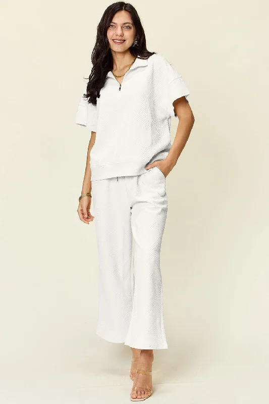 Amazing Deals Double Take Full Size Texture Half Zip Short Sleeve Top and Pants Set