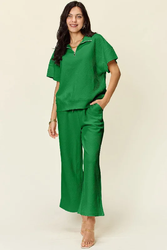 Act Now Double Take Full Size Texture Half Zip Short Sleeve Top and Pants Set