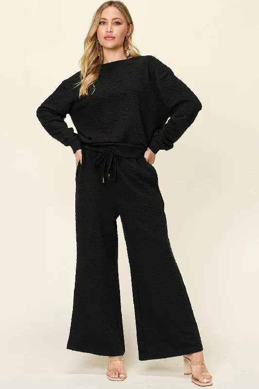 Best Deals Double Take Full Size Texture Long Sleeve Top and Pants Set
