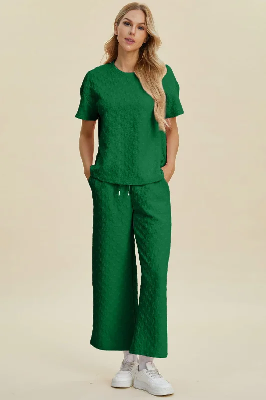 Weekend Deal Double Take Full Size Texture Round Neck Short Sleeve Top and Pants Set
