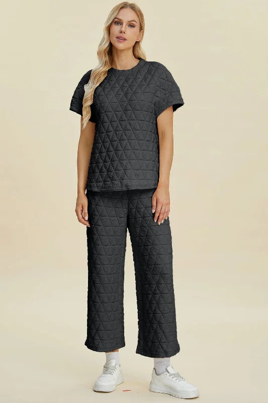 Final Sale Double Take Full Size Texture Round Neck Short Sleeve Top and Pants Set