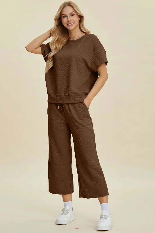 Exclusive Offers Double Take Full Size Texture Round Neck Top and Pants Set