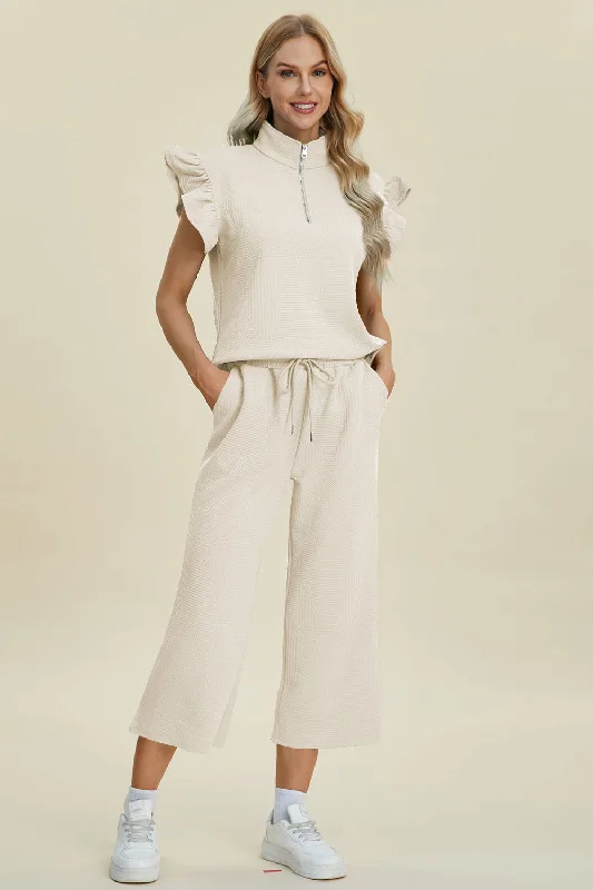 Clearance Sale Double Take Full Size Texture Ruffle Short Sleeve Top and Wide Leg Pants Set