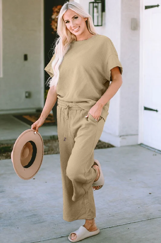 Unbeatable Prices Double Take Full Size Texture Short Sleeve Top and Pants Set