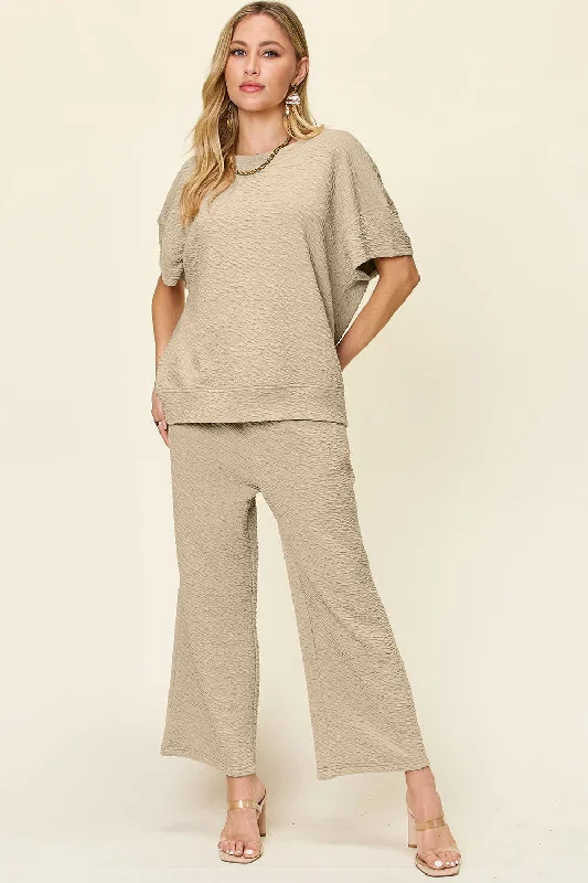 Crazy Deals Double Take Full Size Texture Short Sleeve Top and Pants Set
