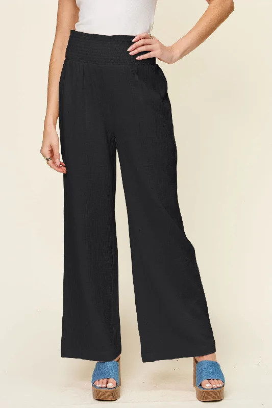 Deep Discounts Double Take Full Size Texture Smocked Waist Wide Leg Pants