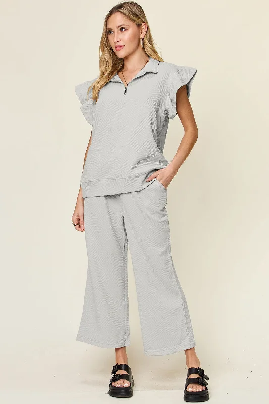 Seasonal Sale Double Take Texture Ruffle Short Sleeve Top and Drawstring Wide Leg Pants Set