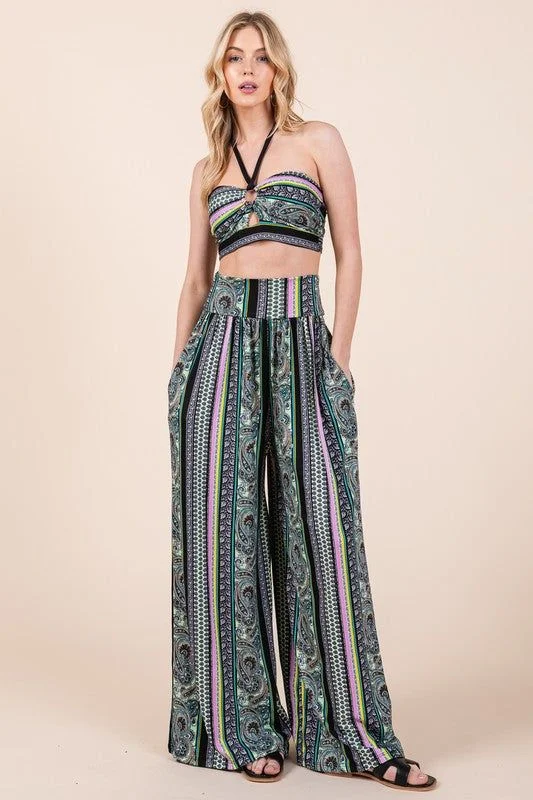 Factory Direct Sale Halter Crop Top with Wide Leg Pants with Pockets