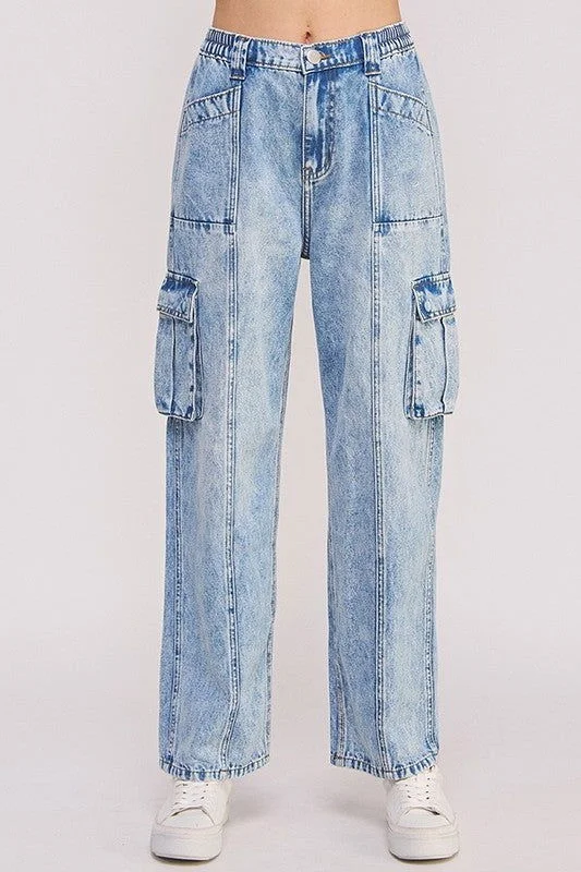 Steals and Deals High Waist Baggy Denim Cargo Ankle Length Trousers Plus