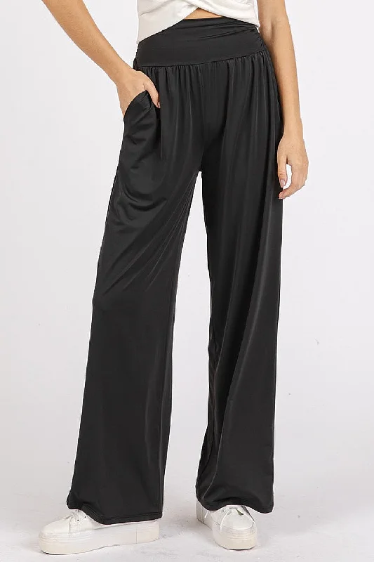 Midnight Sale Mittoshop Stretch Banded Waist Wide Leg Pants with Pockets In Black