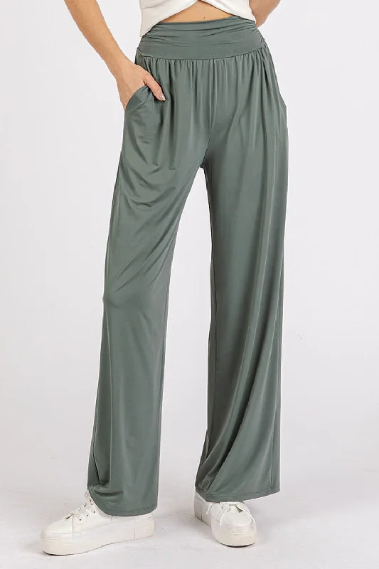 Grand Opening Sale Mittoshop Stretch Banded Waist Wide Leg Pants with Pockets