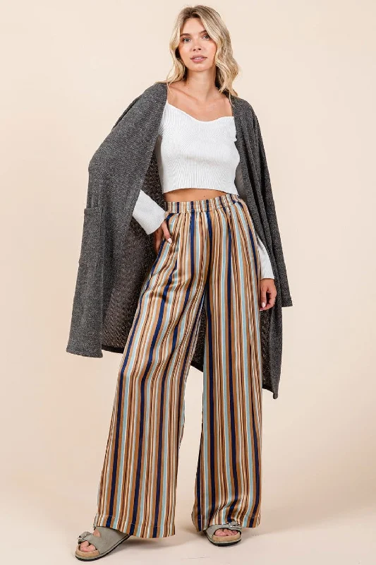 Act Fast Mittoshop Striped Satin Elastic Waist Wide Leg Pants In Navy