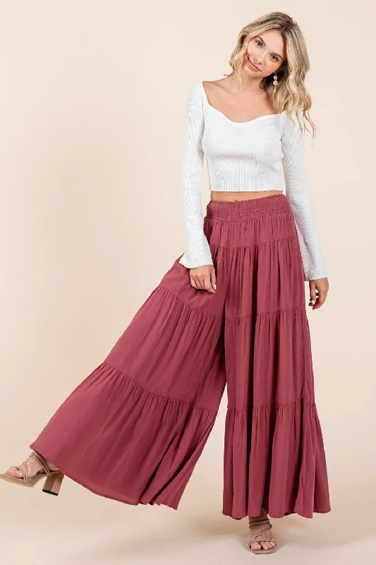 Bargain Prices Mittoshop Tier Smocked Elastic Waist Wide Leg Pants In Sienna