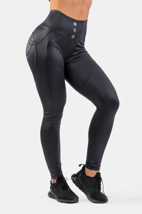 Steals and Deals Nebbia High Waist Glossy Look Bubble Butt Pants - Black