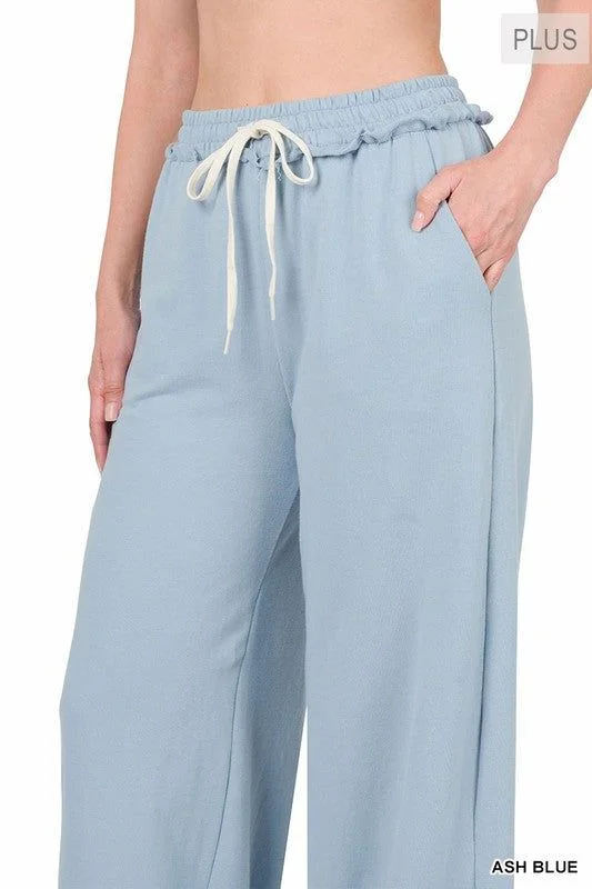 Deal Zone Zenana Plus F/Terry Drawstring Waist Raw Edge Hem Pants