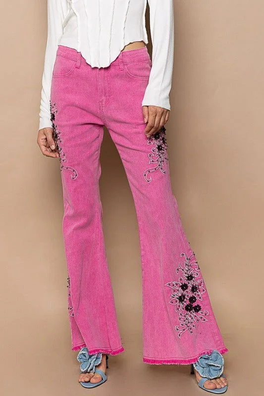 Instant Discount POL Raw Hem Embroidered Flare Pants