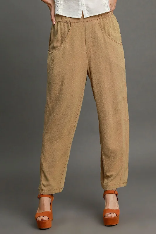 Major Savings Umgee Elastic Waist Baggy Fit Pants with Pockets - Latte