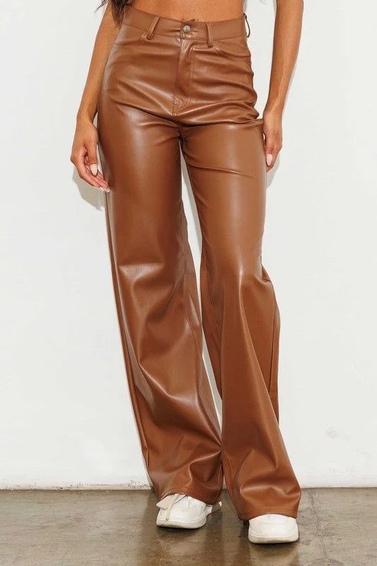 Super Bargain Vibrant MiU Vegan Leather Wide Leg Pants in Cognac
