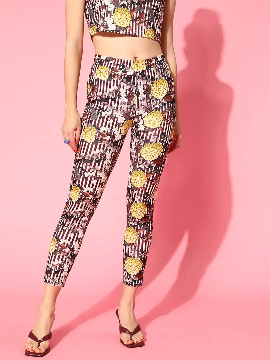 New Markdowns Women Brown Stripe Floral Leggings