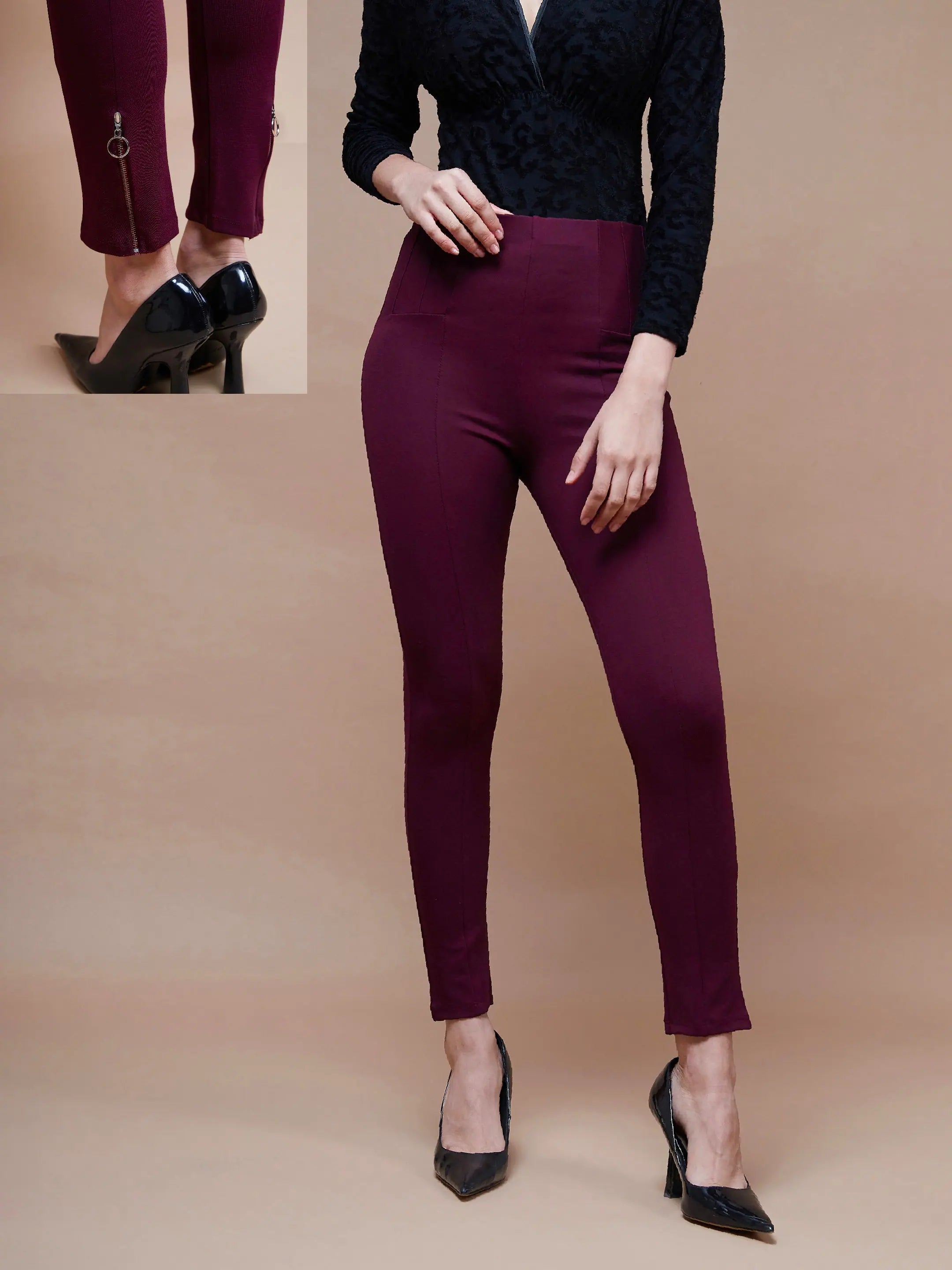 Limited Edition Women Burgundy Bottom Zipper Jeggings