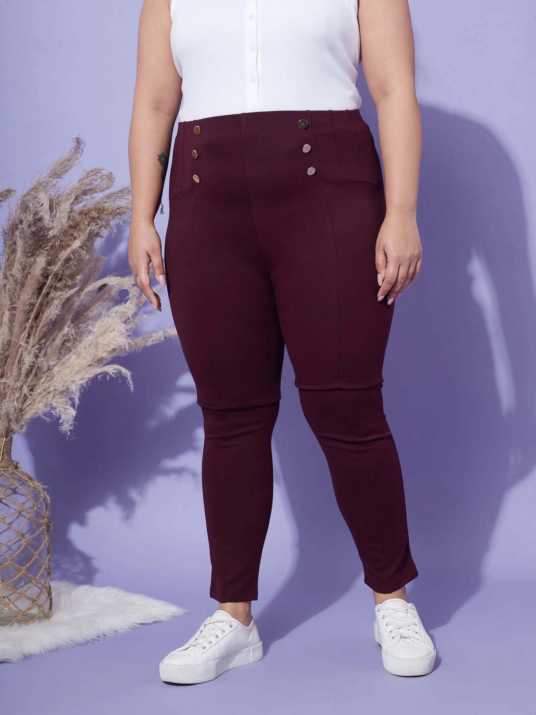 Clearance Event Women Burgundy Show Button High Waist Jeggings