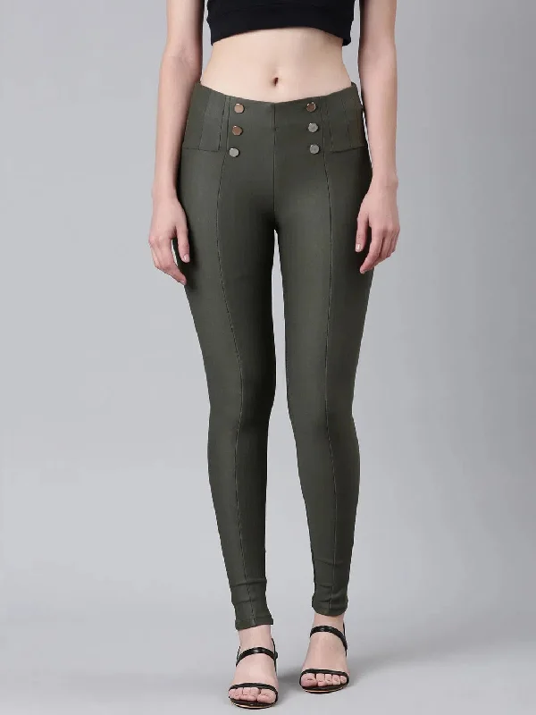 Super Sale Women Olive Solid Skinny Fit Jeggings-ANX-77-Olive