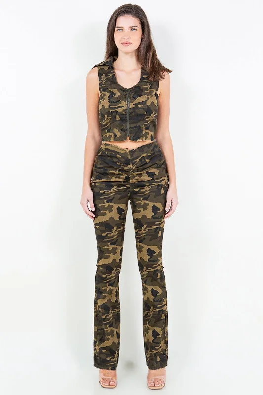 Savings Galore American Bazi V-Cut Ruched Camo Flare Pants