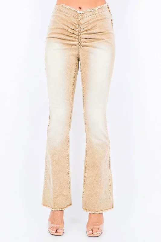 Steals and Deals American Bazi V-Cut Ruched Flare Pants In Tan