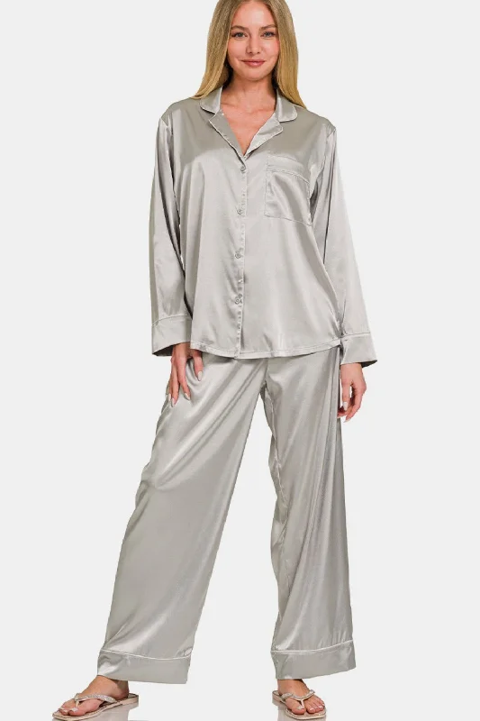 Act Now Zenana Satin Long Sleeve Shirt and Pants Pajama Set