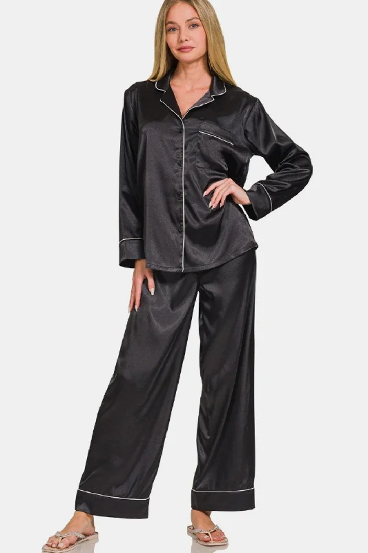 Weekend Deal Zenana Satin Long Sleeve Shirt and Pants Pajama Set